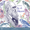 En la ilustración se encuentran diferentes especies de aves así como varias plantas, flores y ramas, en el lado izquierdo un boceto de Darwin y al lado derecho el texto dice: "12 de febrero - Darwin Day"
