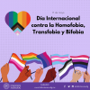 En la imagen se muestran varias banderas de la diversidad como son la bandera lésbica, la bandera arcoiris de la diversidad, la bandera bisexual, la bandera trans, la bandera asexual, la bandera no binaria. El texto de la imagen dice "Día Interrnacional Contra la Homofobia, Transfobia y Bifobia"